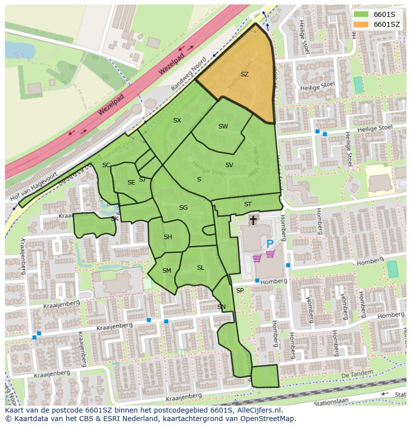 Afbeelding van het postcodegebied 6601 SZ op de kaart.