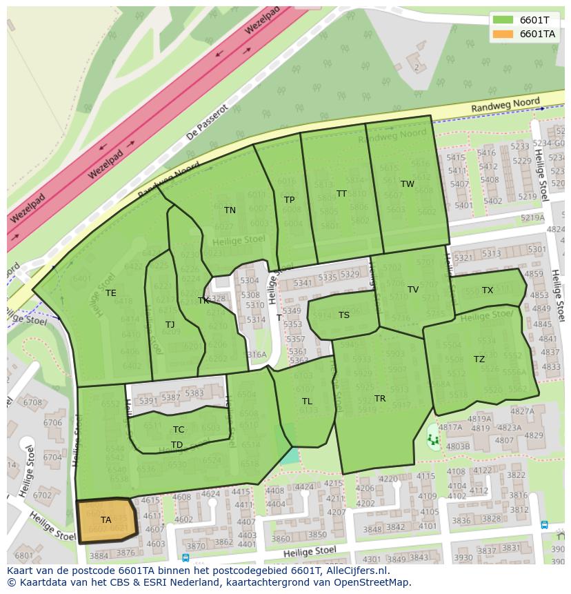 Afbeelding van het postcodegebied 6601 TA op de kaart.