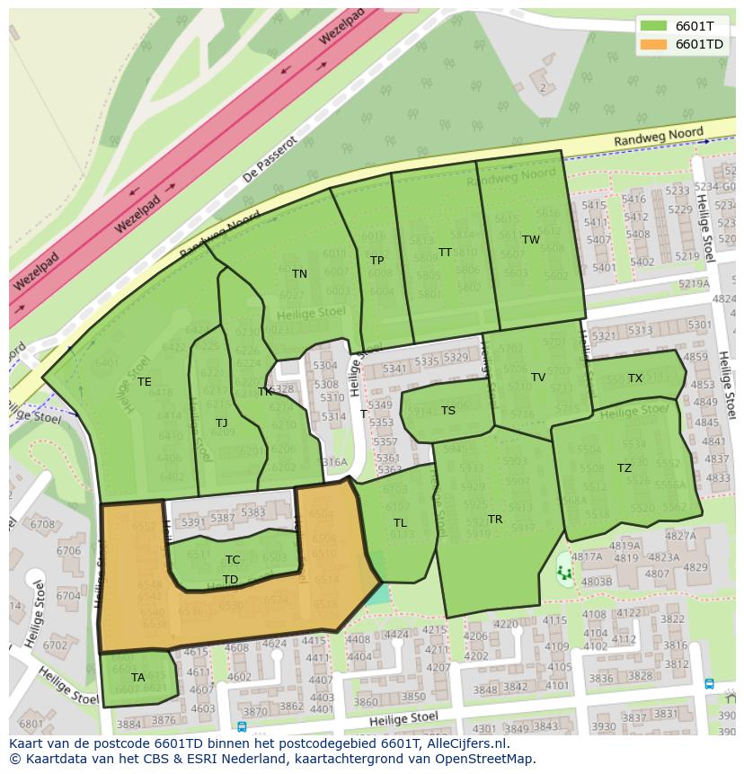Afbeelding van het postcodegebied 6601 TD op de kaart.