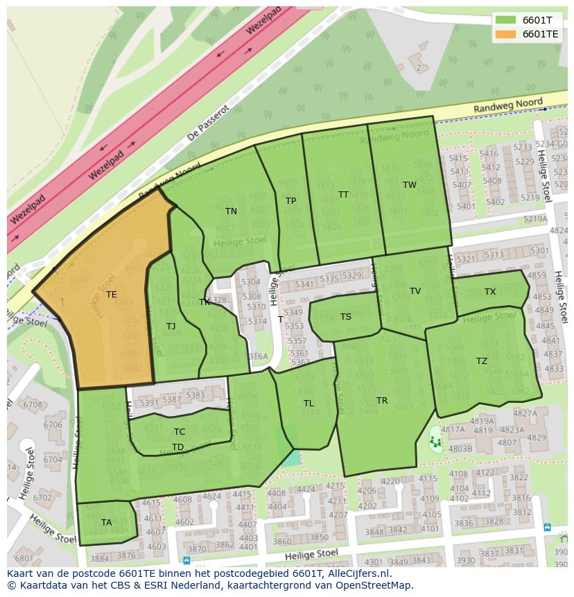 Afbeelding van het postcodegebied 6601 TE op de kaart.