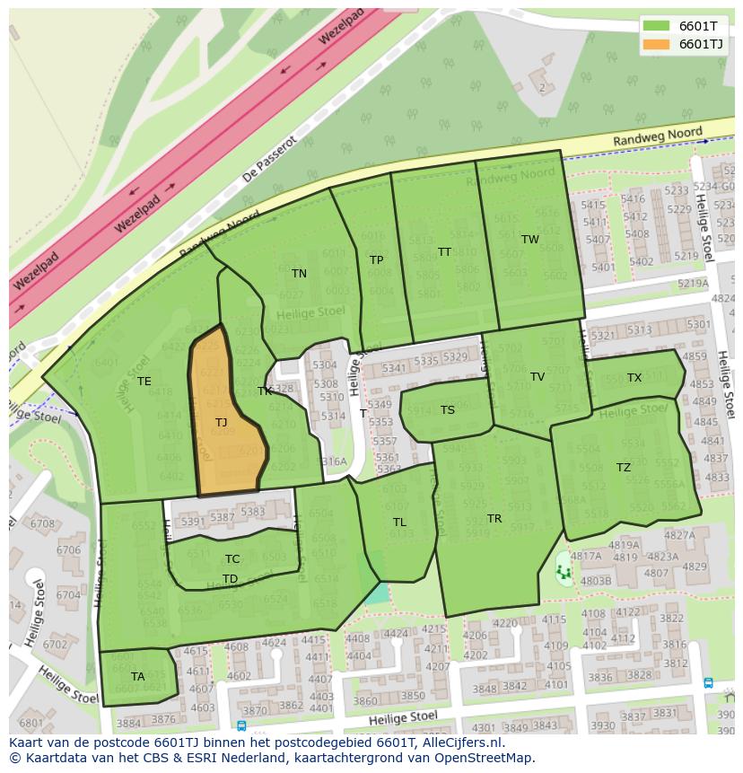 Afbeelding van het postcodegebied 6601 TJ op de kaart.