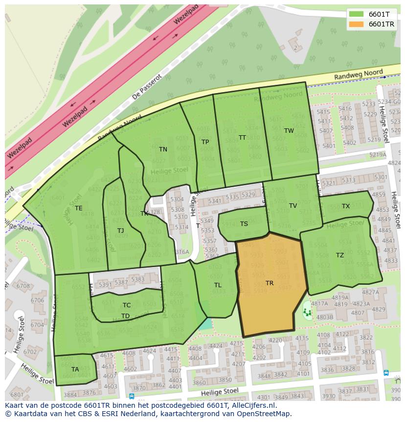 Afbeelding van het postcodegebied 6601 TR op de kaart.