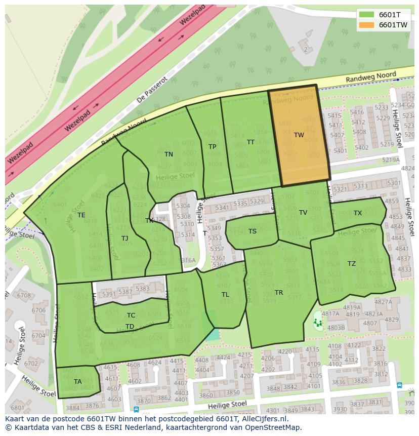 Afbeelding van het postcodegebied 6601 TW op de kaart.