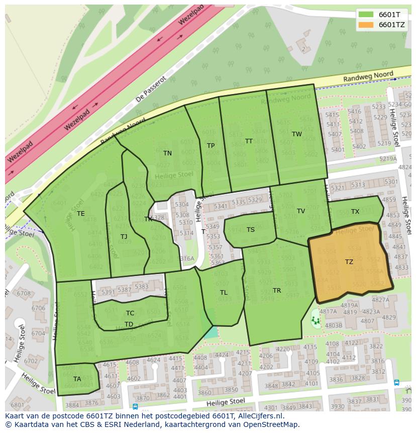 Afbeelding van het postcodegebied 6601 TZ op de kaart.