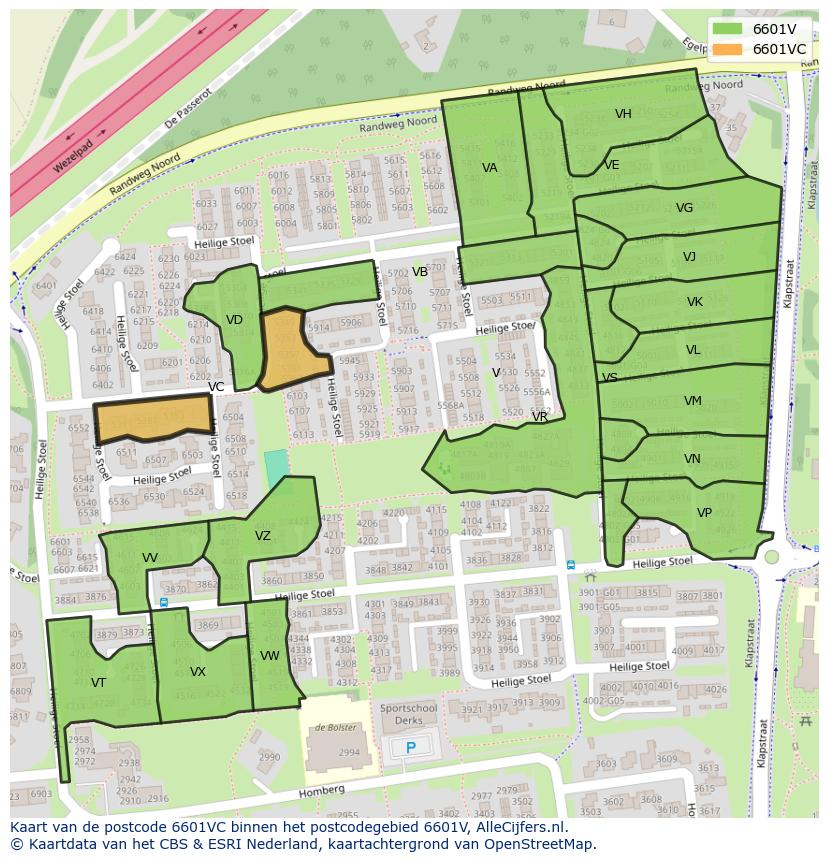 Afbeelding van het postcodegebied 6601 VC op de kaart.