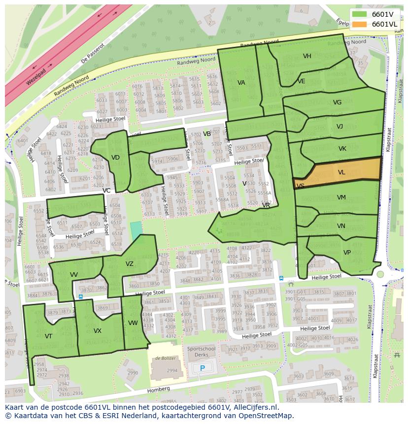 Afbeelding van het postcodegebied 6601 VL op de kaart.