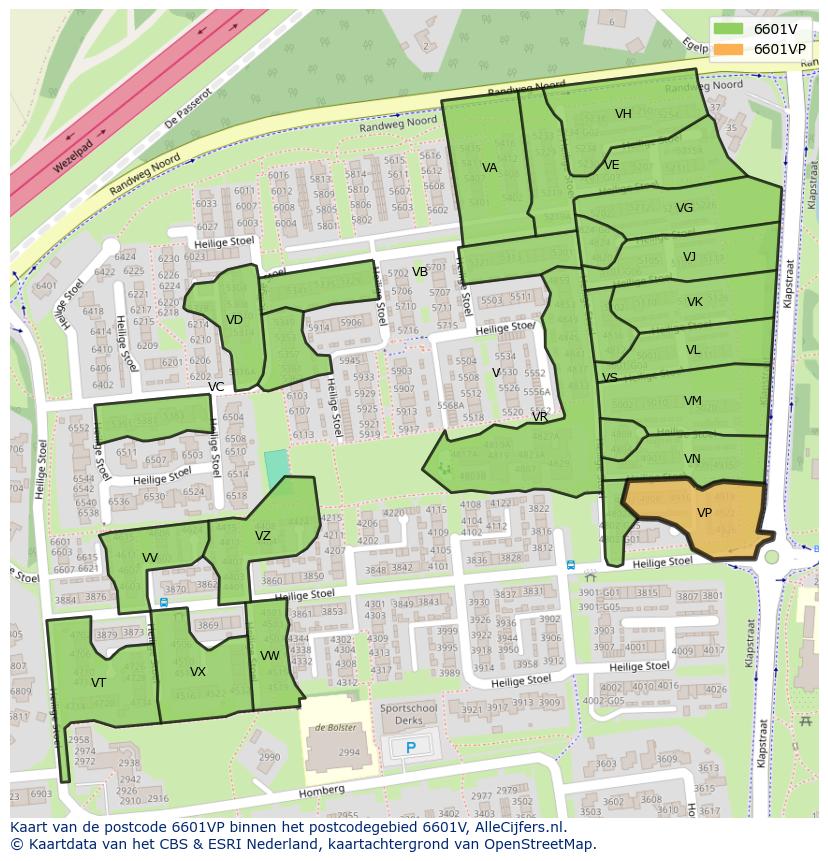 Afbeelding van het postcodegebied 6601 VP op de kaart.
