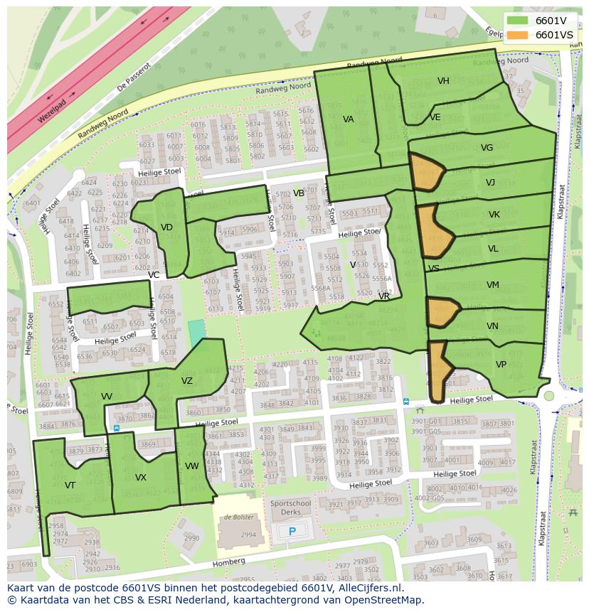 Afbeelding van het postcodegebied 6601 VS op de kaart.