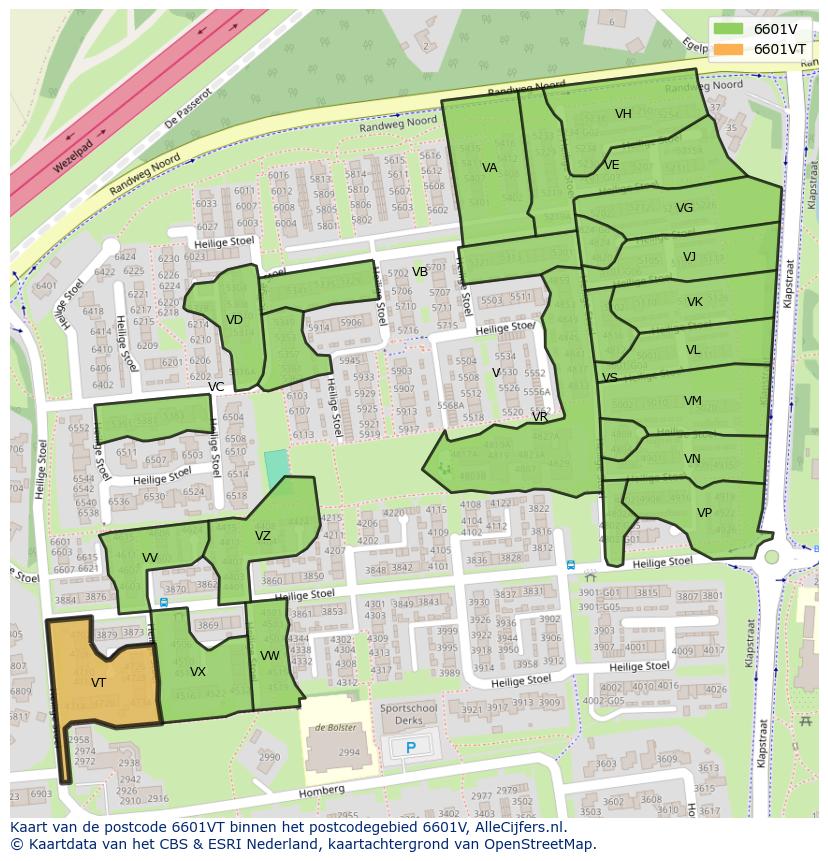 Afbeelding van het postcodegebied 6601 VT op de kaart.