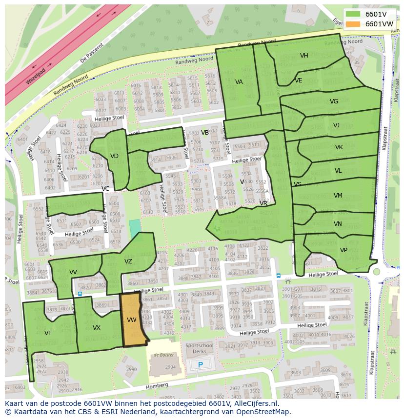 Afbeelding van het postcodegebied 6601 VW op de kaart.