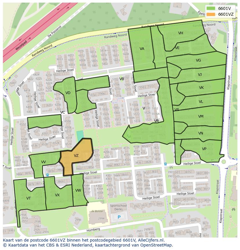 Afbeelding van het postcodegebied 6601 VZ op de kaart.
