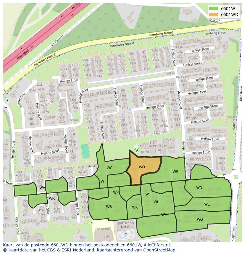 Afbeelding van het postcodegebied 6601 WD op de kaart.