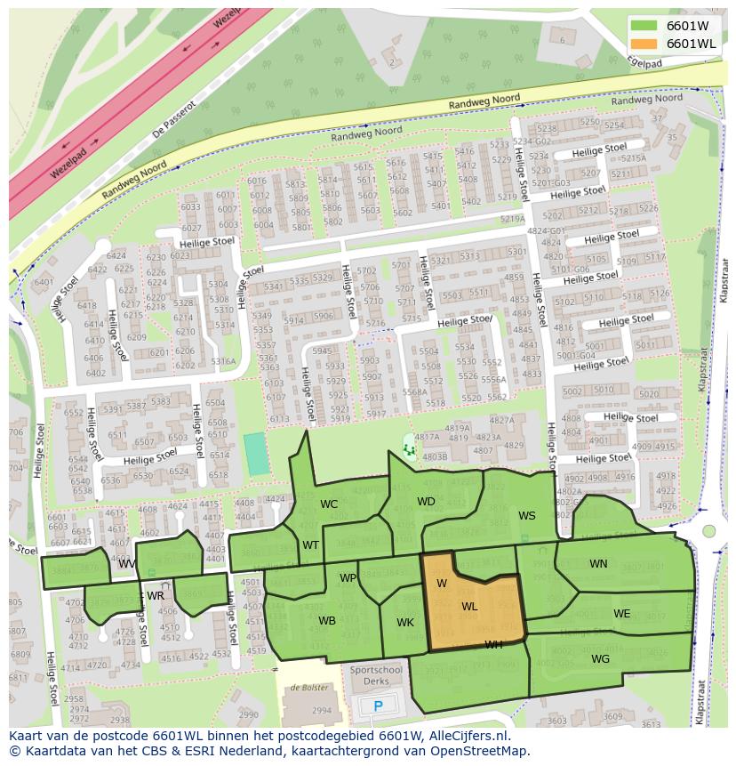 Afbeelding van het postcodegebied 6601 WL op de kaart.