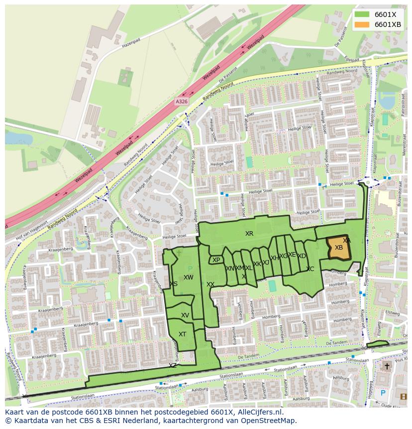 Afbeelding van het postcodegebied 6601 XB op de kaart.