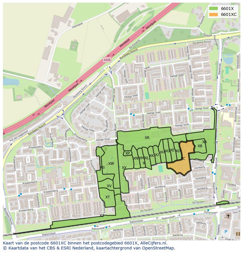 Afbeelding van het postcodegebied 6601 XC op de kaart.