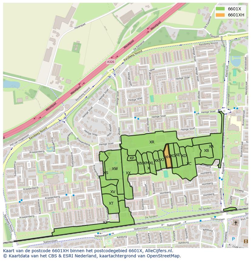 Afbeelding van het postcodegebied 6601 XH op de kaart.