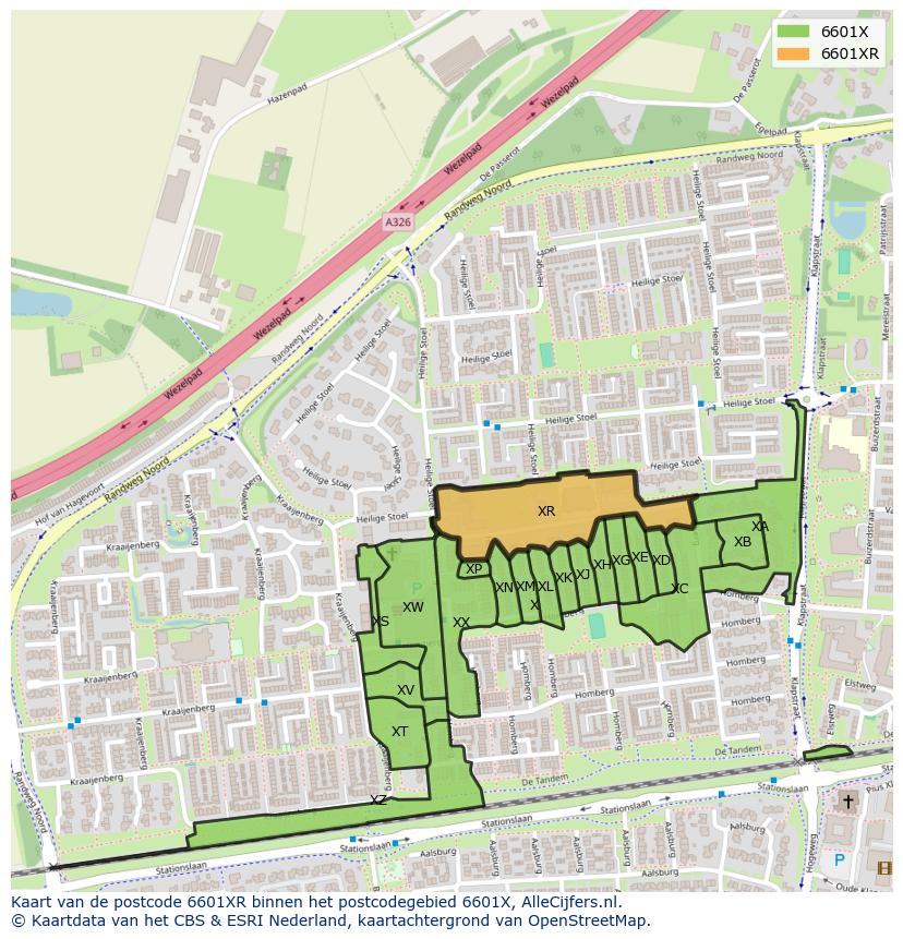 Afbeelding van het postcodegebied 6601 XR op de kaart.