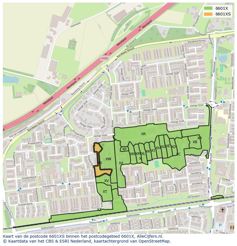 Afbeelding van het postcodegebied 6601 XS op de kaart.