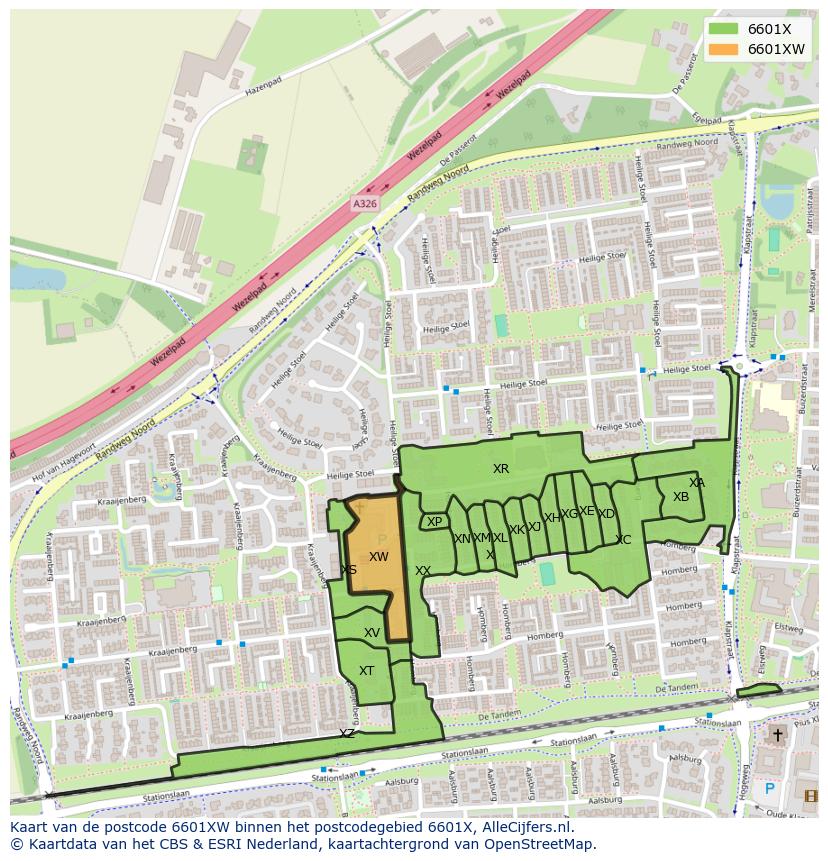Afbeelding van het postcodegebied 6601 XW op de kaart.