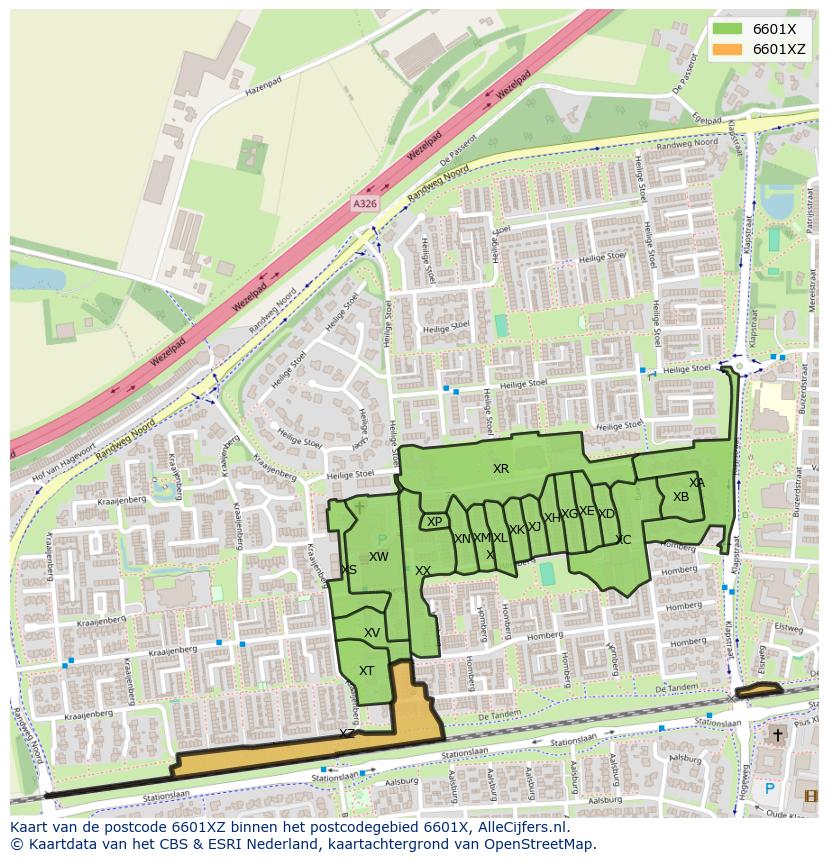 Afbeelding van het postcodegebied 6601 XZ op de kaart.