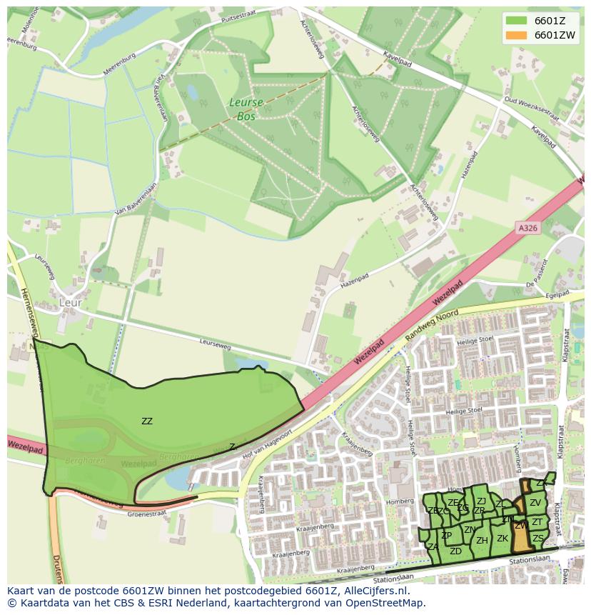 Afbeelding van het postcodegebied 6601 ZW op de kaart.