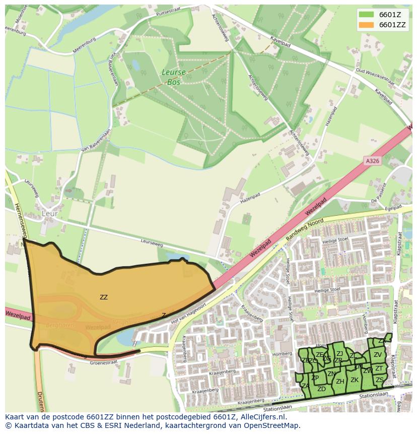Afbeelding van het postcodegebied 6601 ZZ op de kaart.