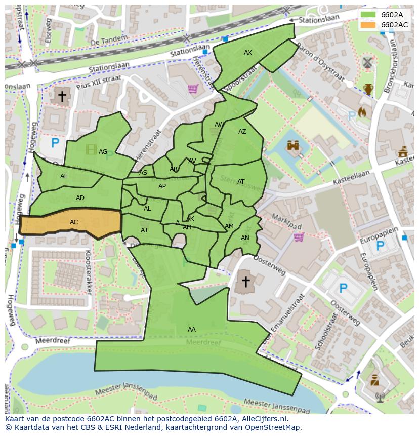 Afbeelding van het postcodegebied 6602 AC op de kaart.