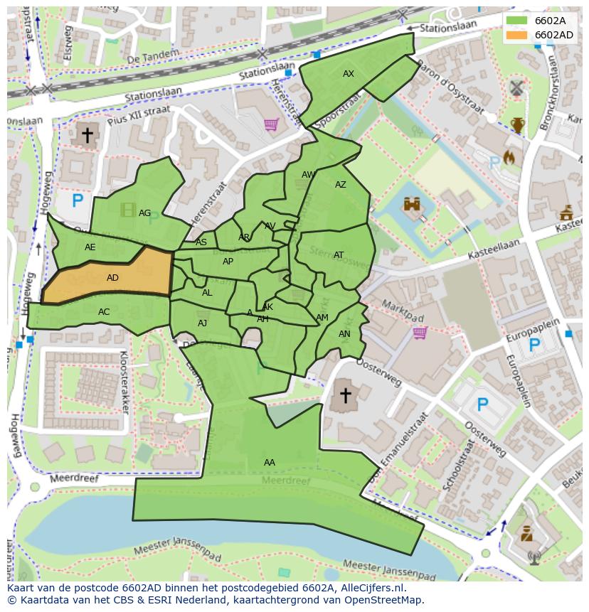 Afbeelding van het postcodegebied 6602 AD op de kaart.