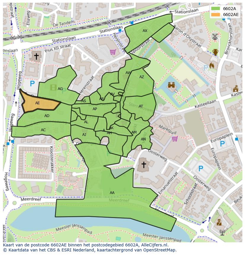 Afbeelding van het postcodegebied 6602 AE op de kaart.