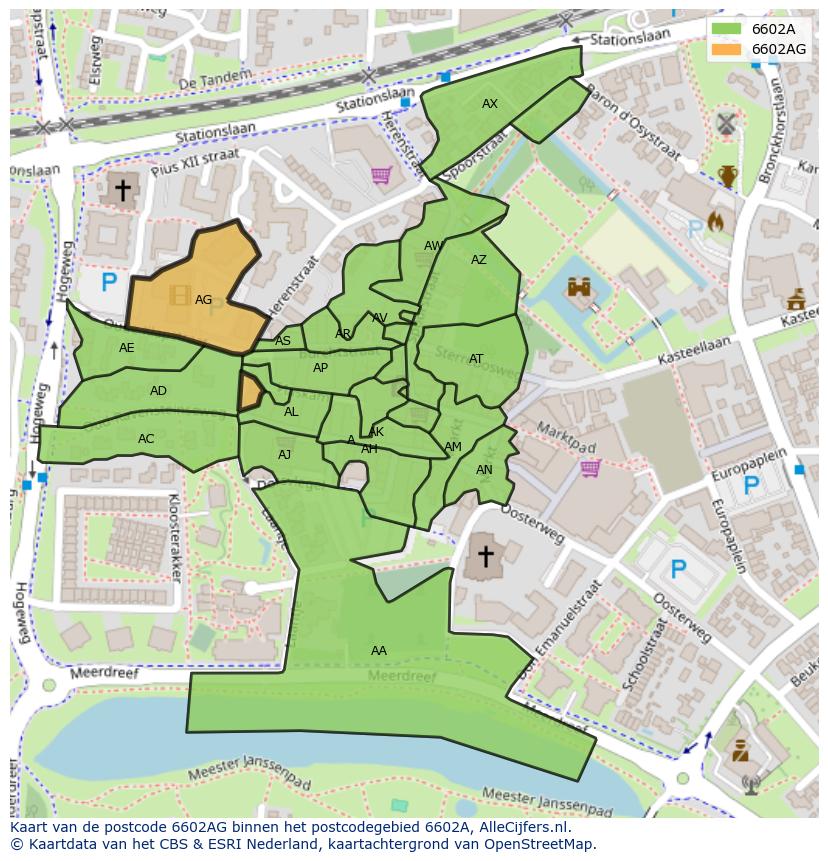Afbeelding van het postcodegebied 6602 AG op de kaart.