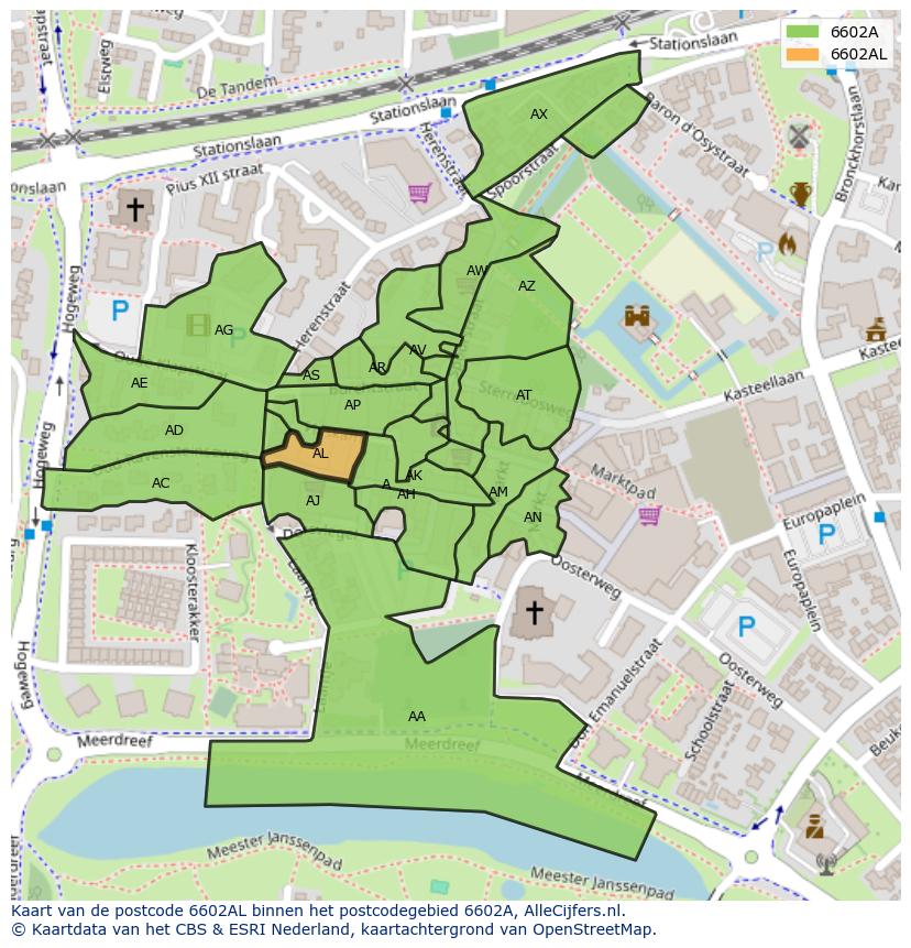 Afbeelding van het postcodegebied 6602 AL op de kaart.