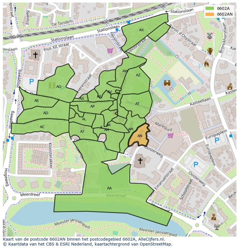 Afbeelding van het postcodegebied 6602 AN op de kaart.