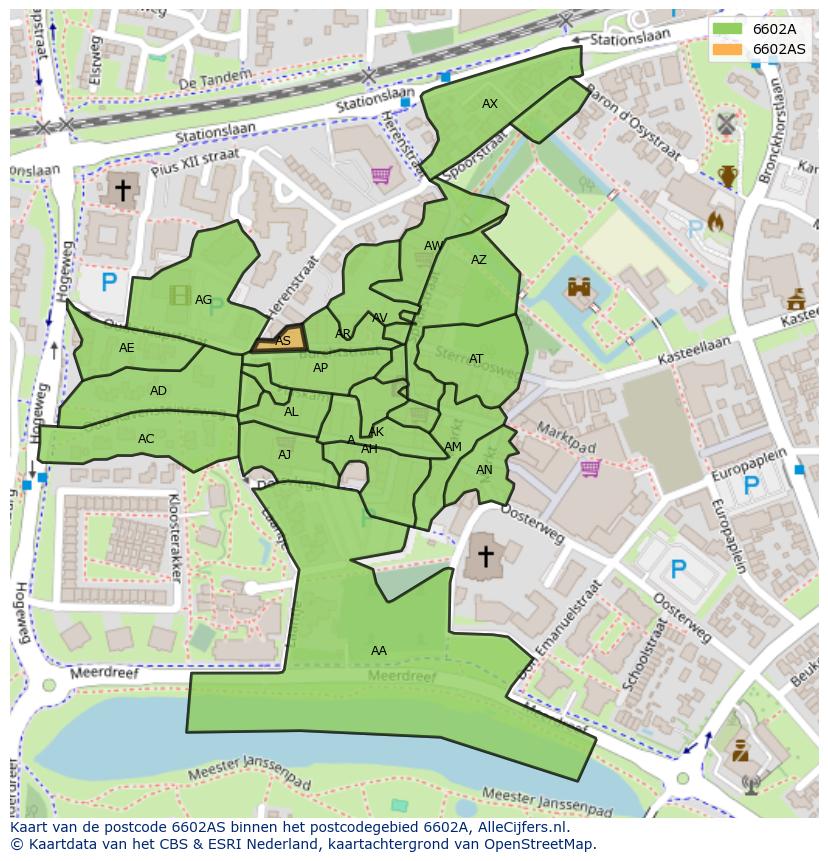 Afbeelding van het postcodegebied 6602 AS op de kaart.