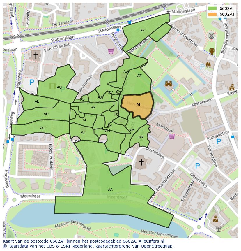 Afbeelding van het postcodegebied 6602 AT op de kaart.