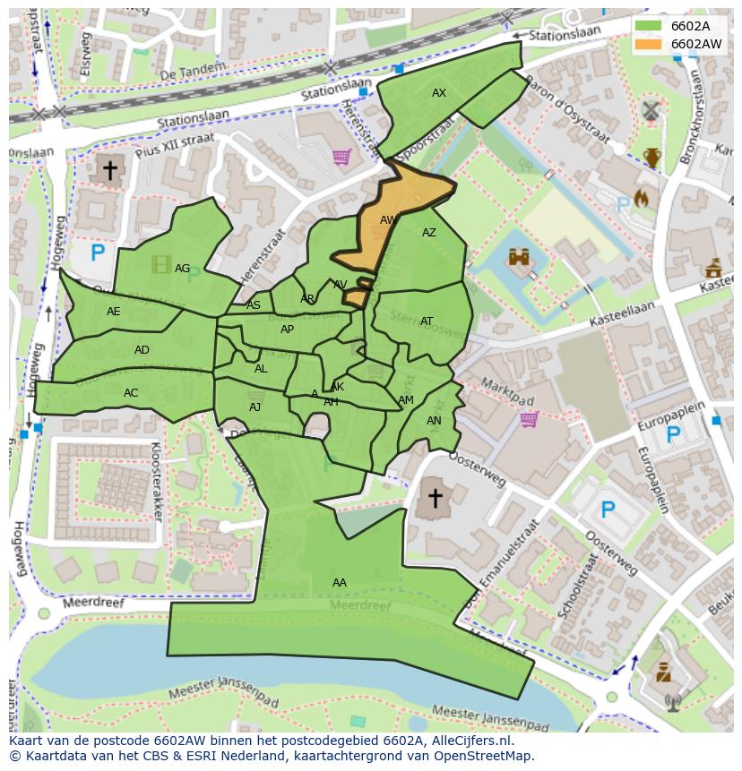 Afbeelding van het postcodegebied 6602 AW op de kaart.