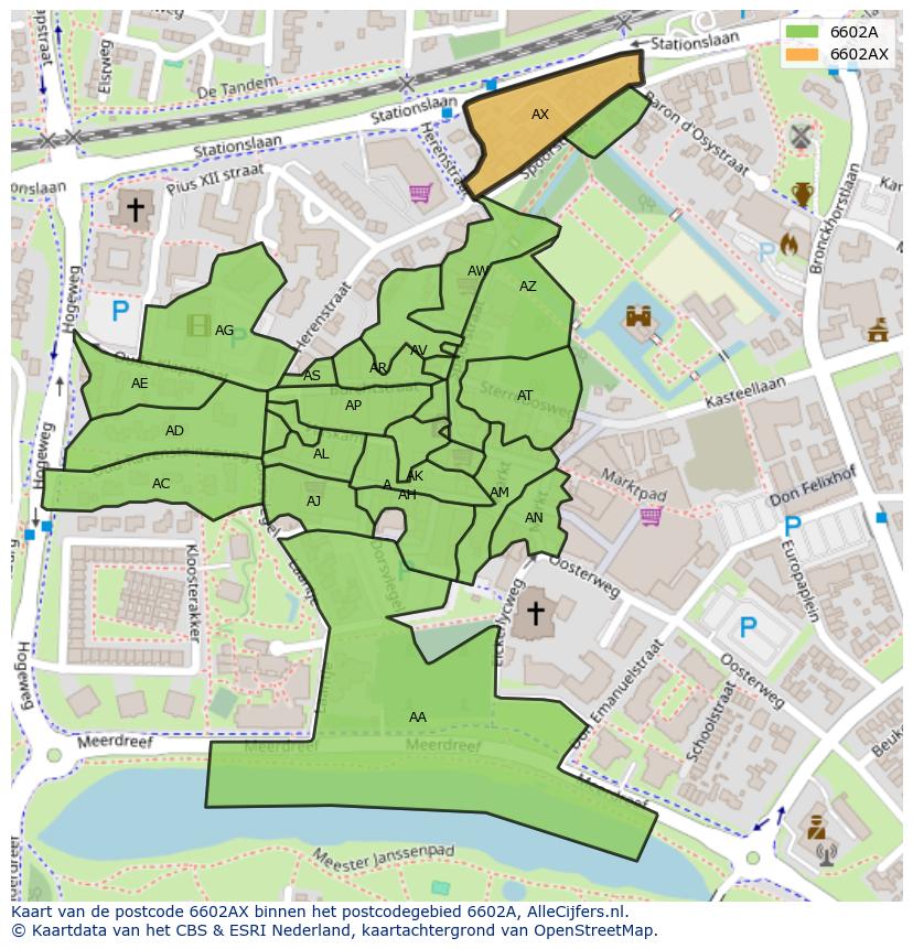 Afbeelding van het postcodegebied 6602 AX op de kaart.