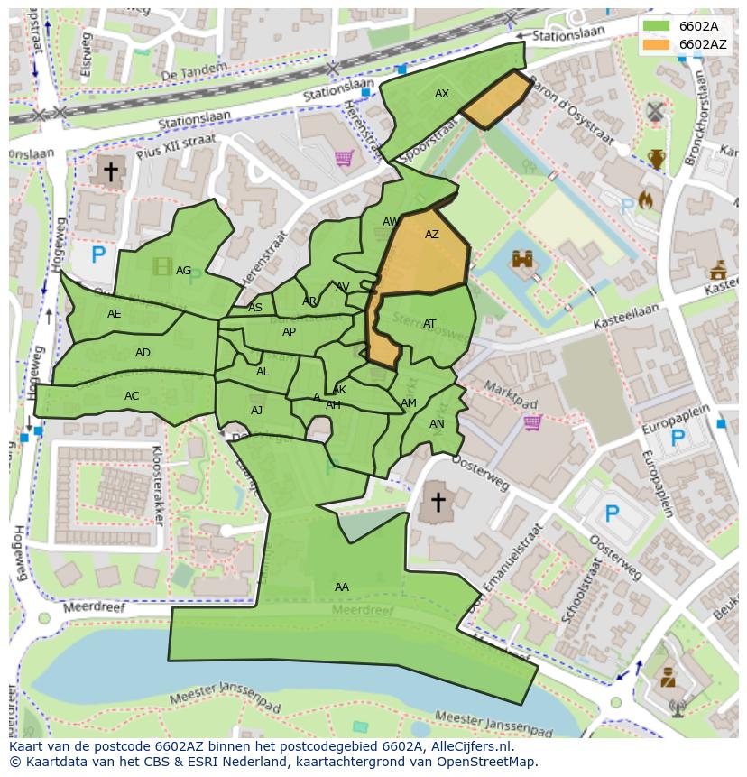 Afbeelding van het postcodegebied 6602 AZ op de kaart.