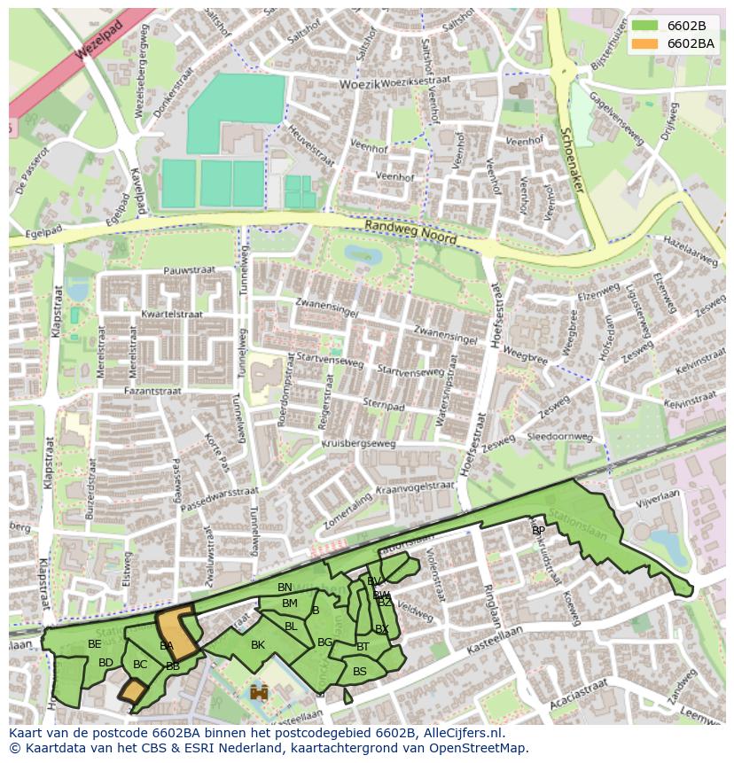 Afbeelding van het postcodegebied 6602 BA op de kaart.