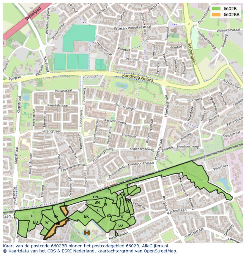 Afbeelding van het postcodegebied 6602 BB op de kaart.