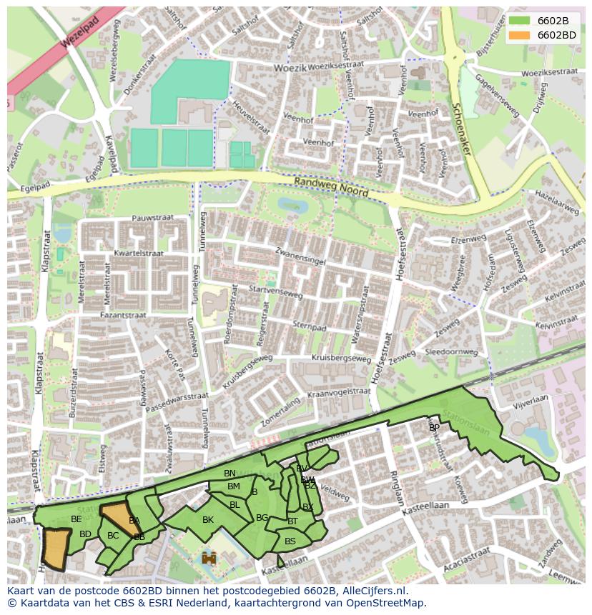 Afbeelding van het postcodegebied 6602 BD op de kaart.