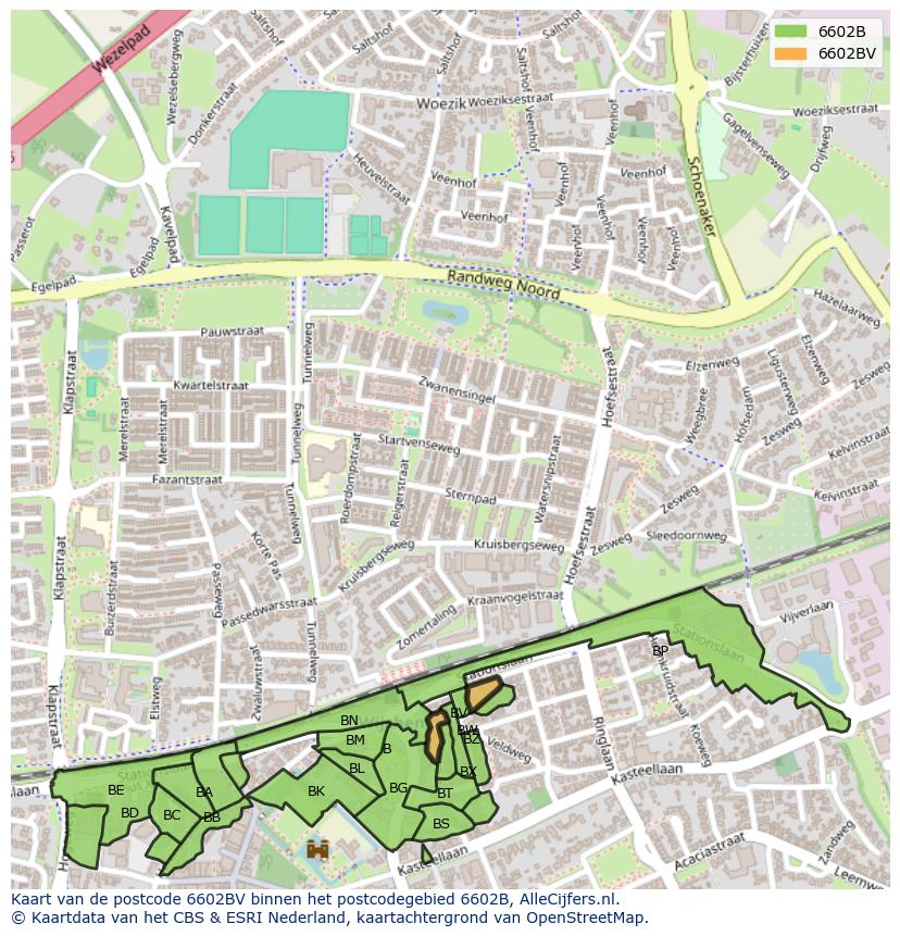 Afbeelding van het postcodegebied 6602 BV op de kaart.