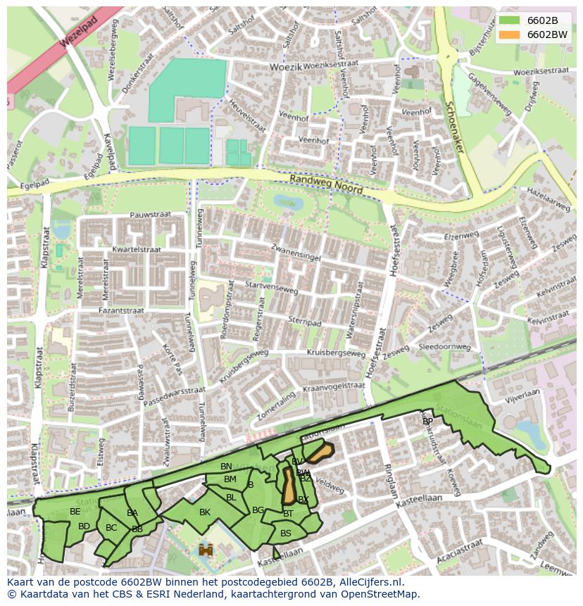 Afbeelding van het postcodegebied 6602 BW op de kaart.