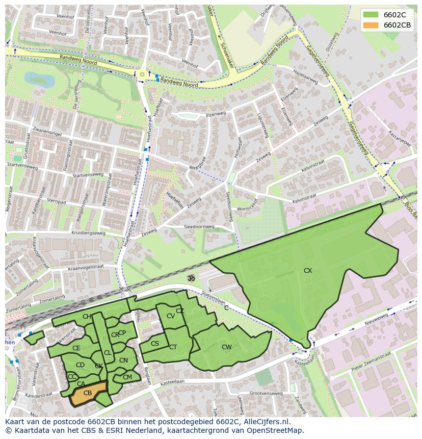 Afbeelding van het postcodegebied 6602 CB op de kaart.
