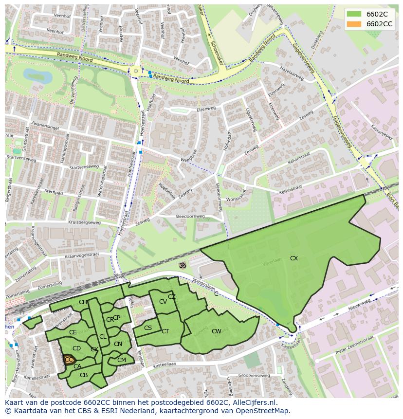 Afbeelding van het postcodegebied 6602 CC op de kaart.