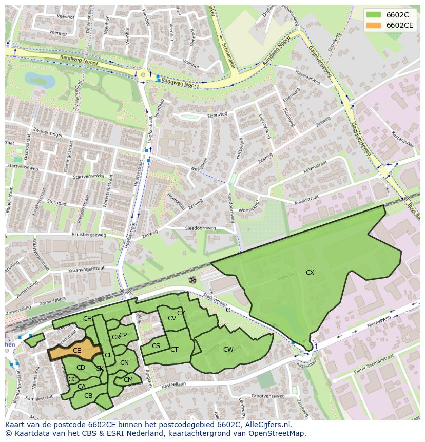 Afbeelding van het postcodegebied 6602 CE op de kaart.