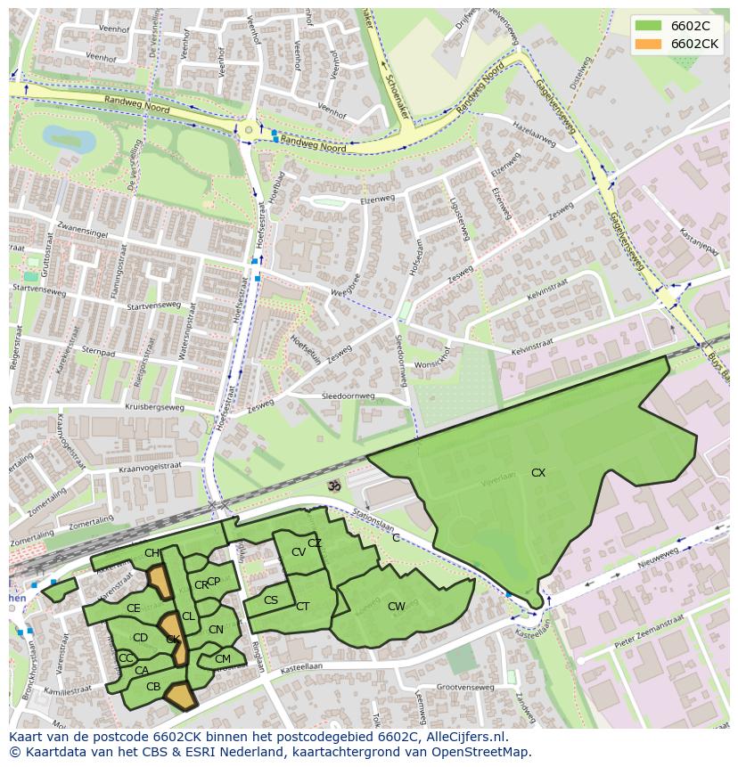 Afbeelding van het postcodegebied 6602 CK op de kaart.