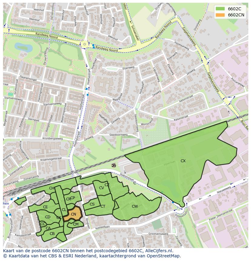 Afbeelding van het postcodegebied 6602 CN op de kaart.