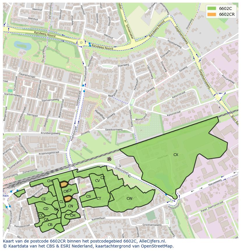 Afbeelding van het postcodegebied 6602 CR op de kaart.
