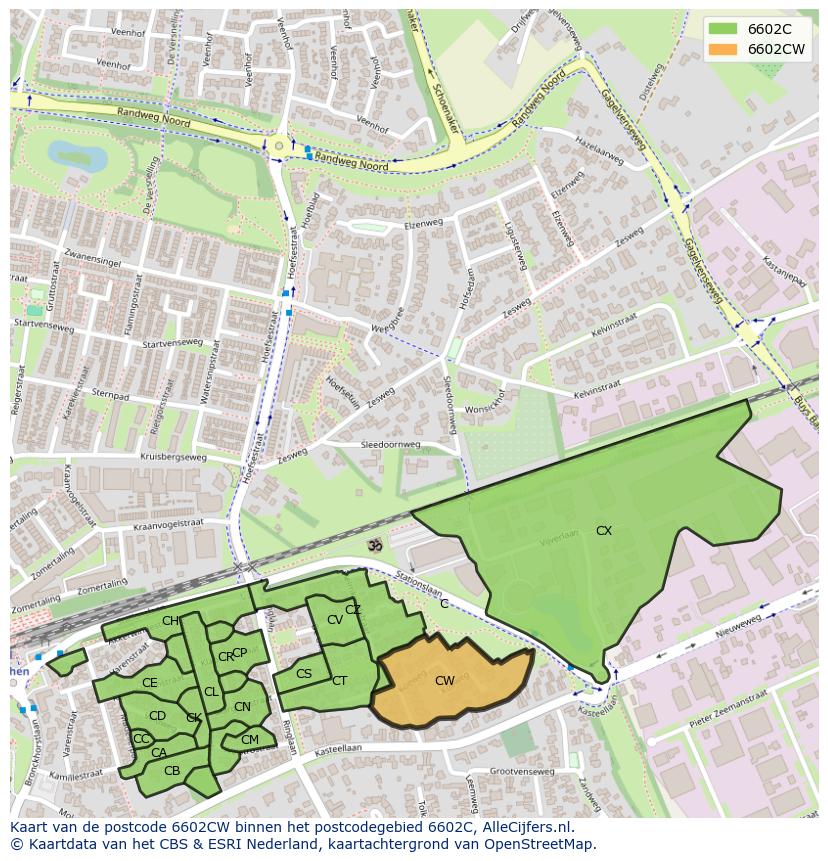 Afbeelding van het postcodegebied 6602 CW op de kaart.
