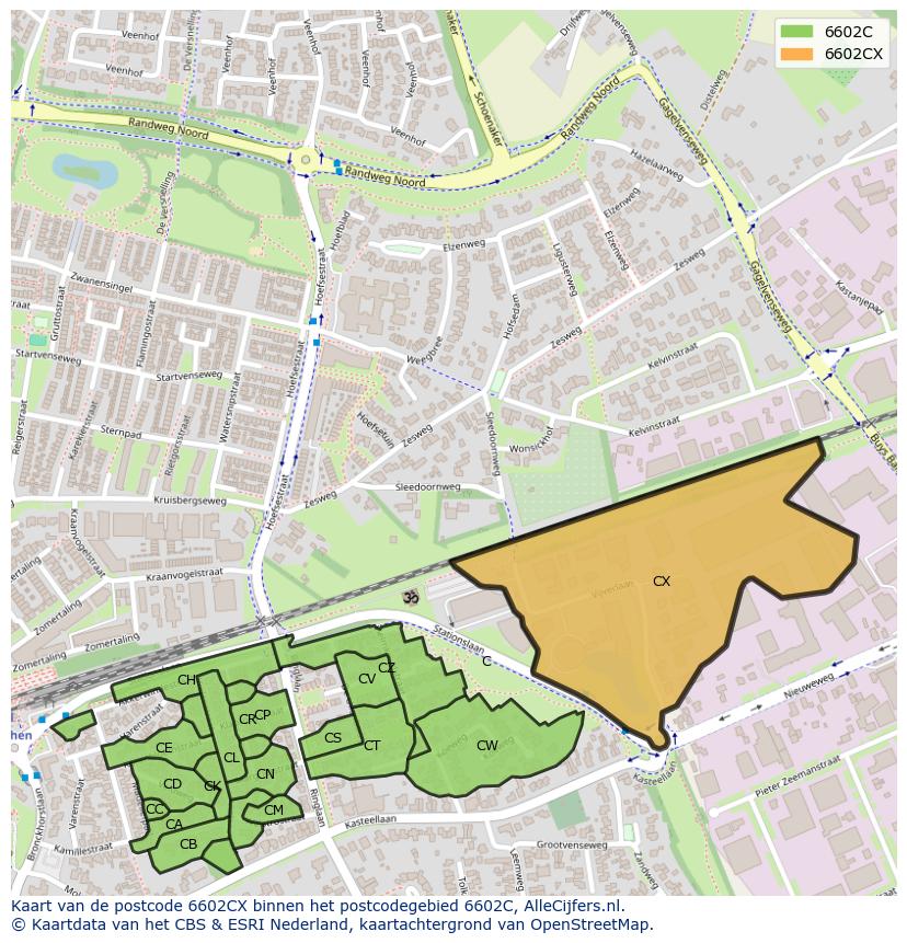 Afbeelding van het postcodegebied 6602 CX op de kaart.